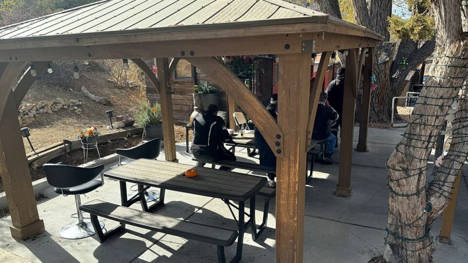 Bikers eating outside spring mountains saloon