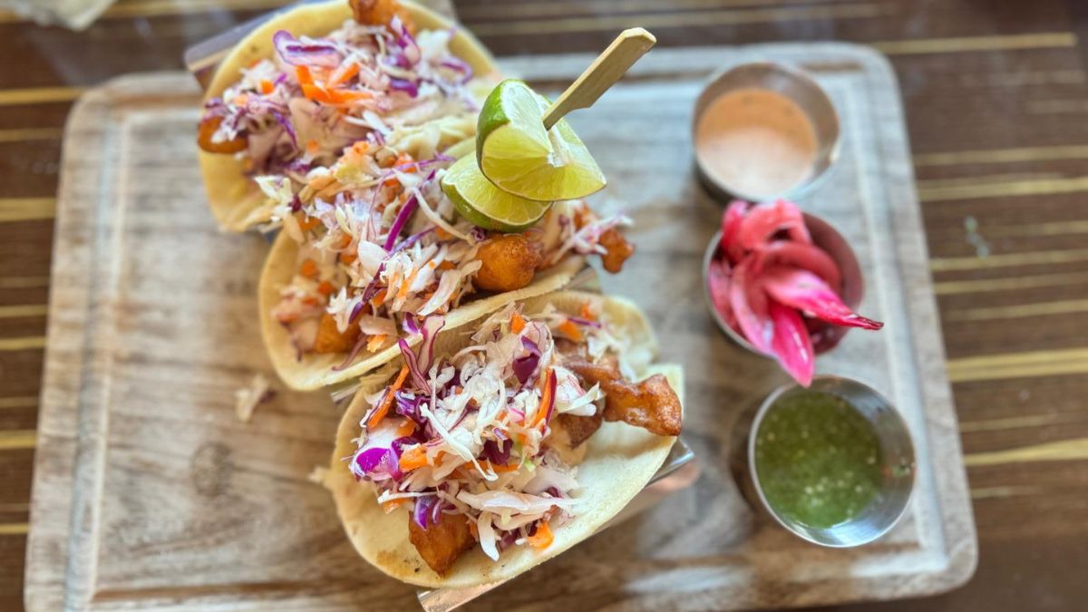 Crispy fish tacos served on corn tortillas with fresh cabbage, pico de gallo, and creamy house sauce at Mucho Loco in Las Vegas.