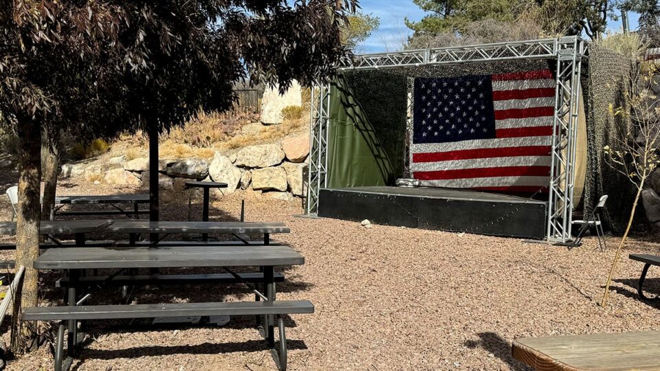 Outside seating area and podium for artists