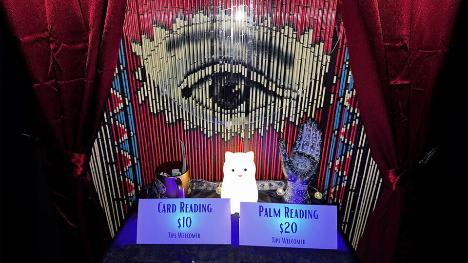 Palm reading setup photographed inside Oddfellows Las Vegas