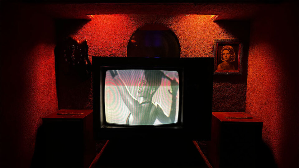 Retro television displays inside Oddfellows Las Vegas