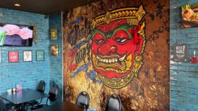 Beautiful Thai guardian mural at What's zaap? Thai food