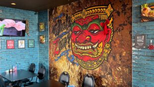 Beautiful Thai guardian mural at What's zaap? Thai food