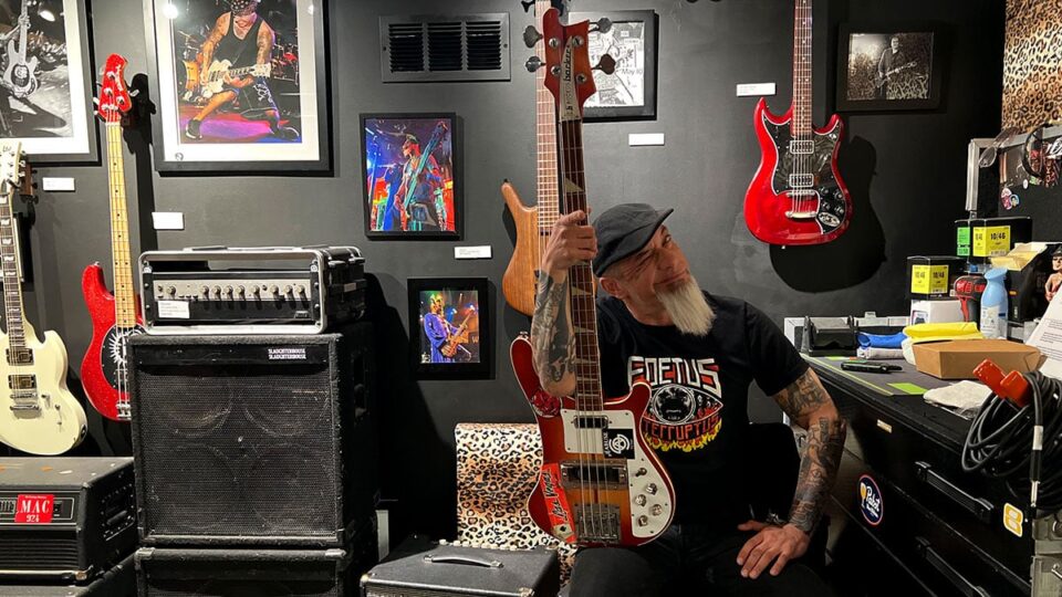 Rob Ruckus Holding His Rickenbacker Bass