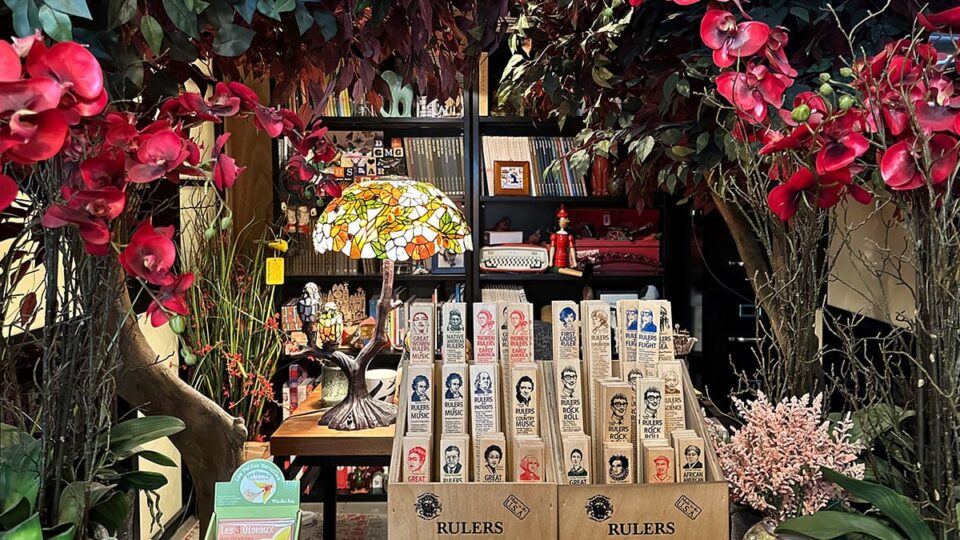 Books, bookmarks, and colorful displays inside The Writer's Block bookstore