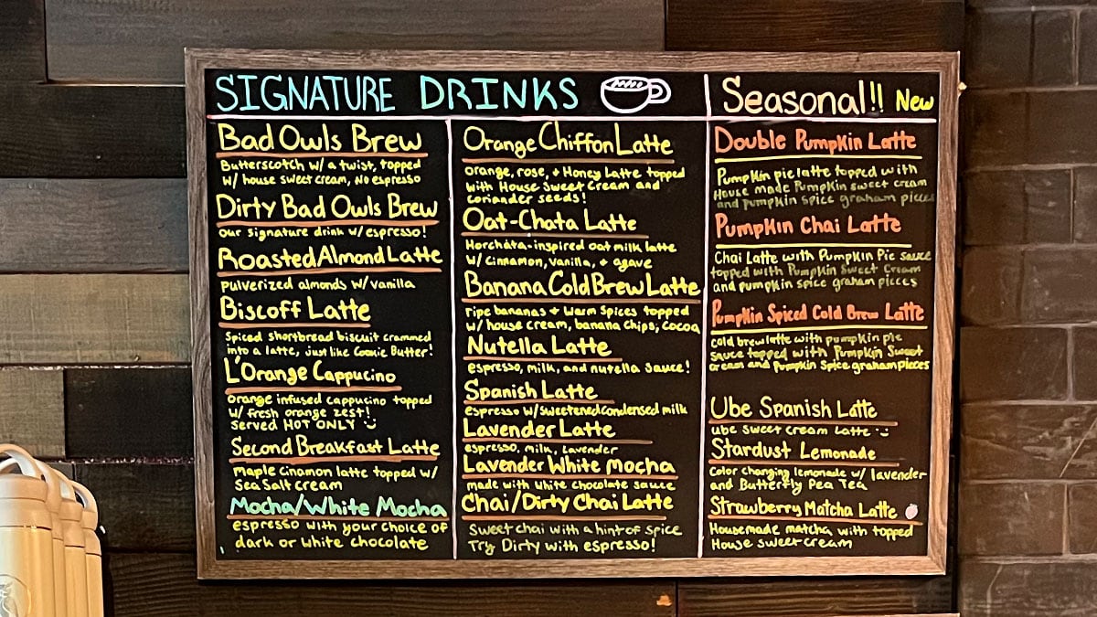 The Food & Beverage Menu at Bad Owl Coffee