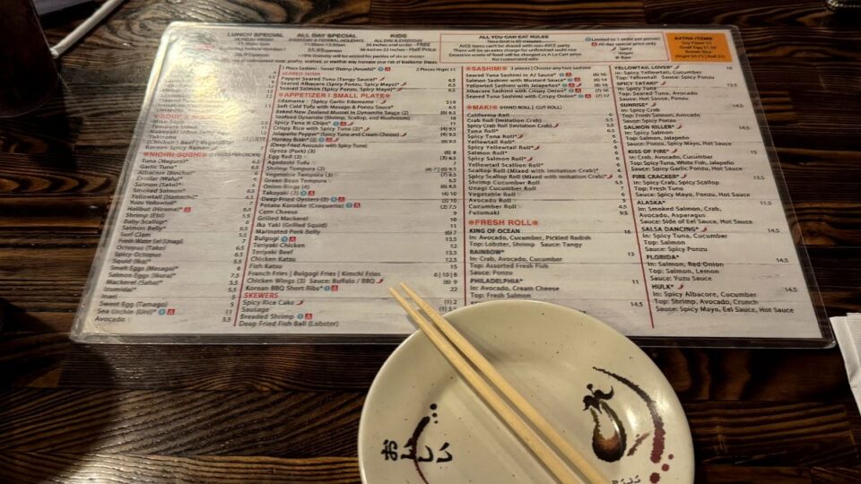 All you can eat sushi menu at Umiya Sushi