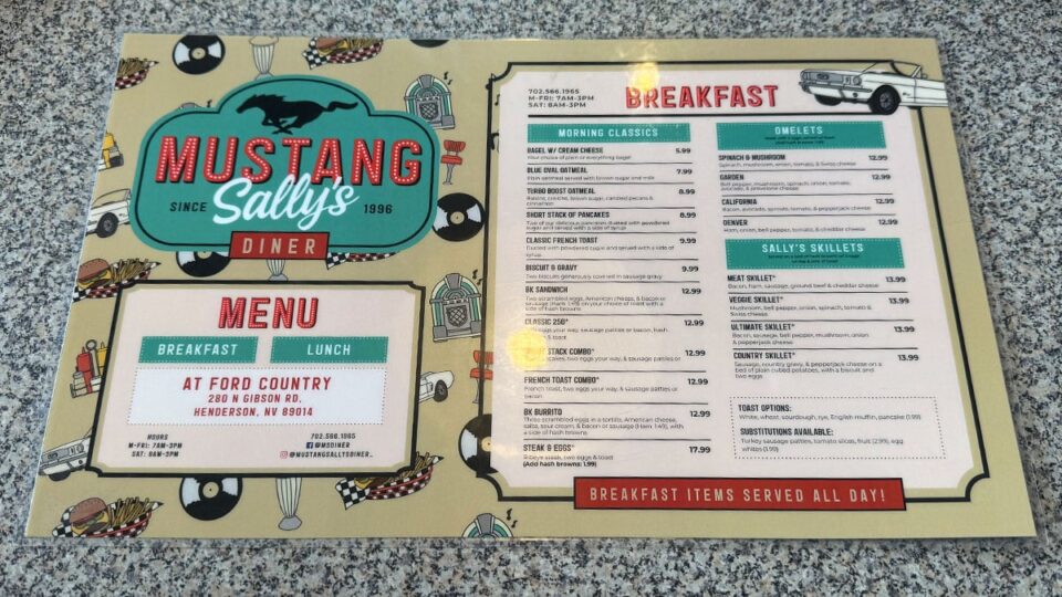 Mustang Sally's Diner Breakfast Menu