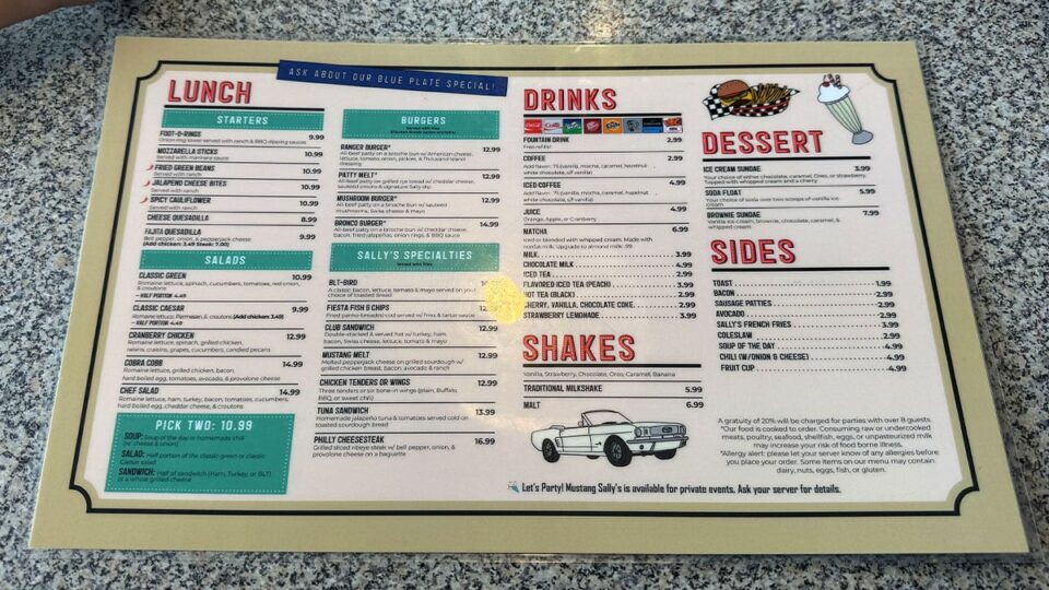 Mustang Sally's Diner Lunch Menu