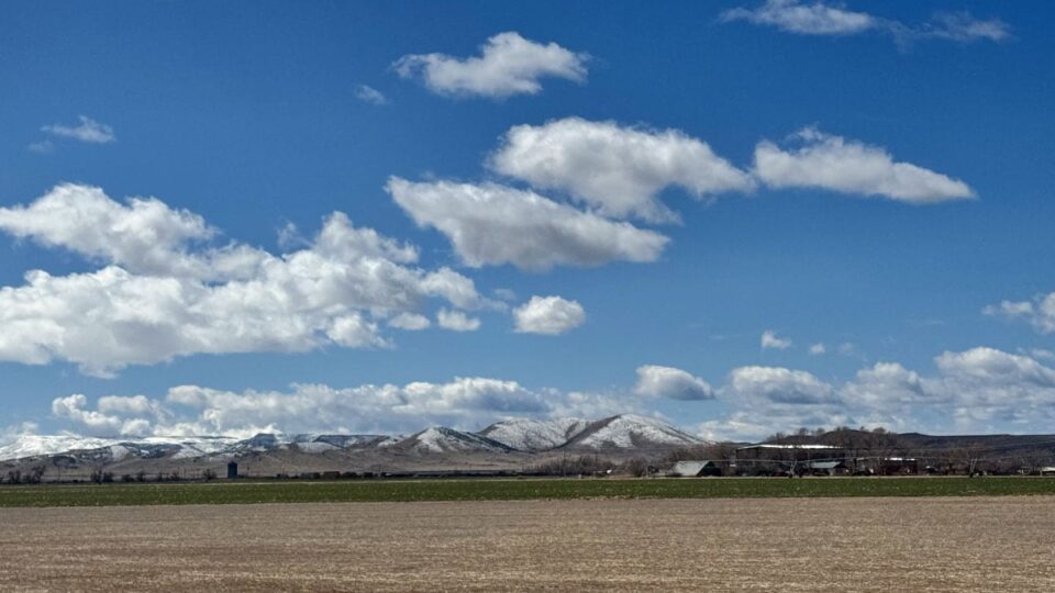 Snowy mountains in the horizon over utah ranches