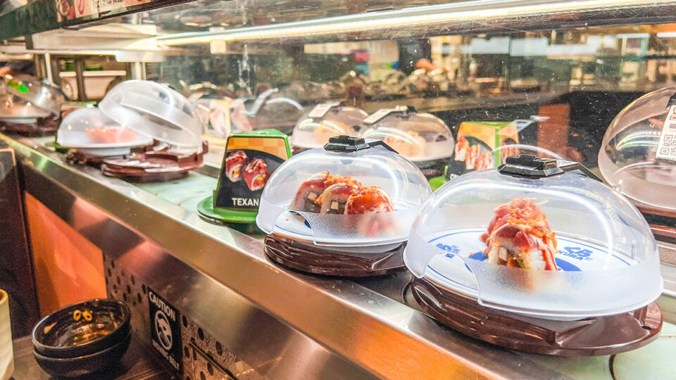 revolving sushi on a conveyor belt