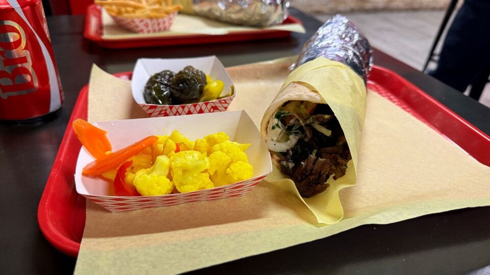 Beef Shawarma Laffa served with fries and hot peppers