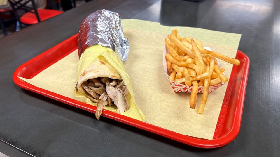 Tender Chicken Shawarma Laffa with French Fries.