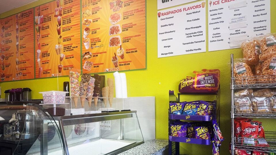 Lokuras Mexican Raspados menu with Mexican snacks, drinks, and frozen treats