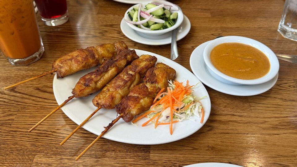 Juicy Chicken Satay for starters with Peanut Sauce and Cucumber Salad