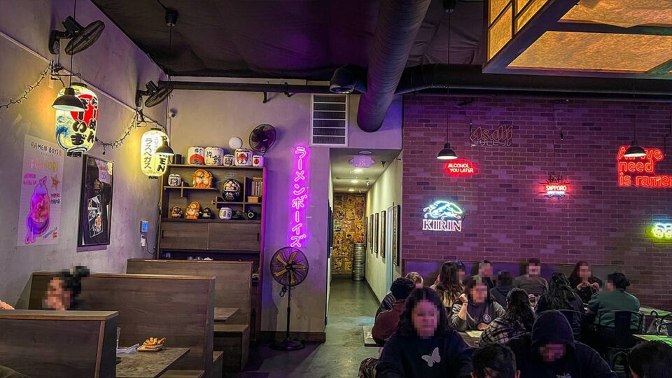 glowing signs and booth seating