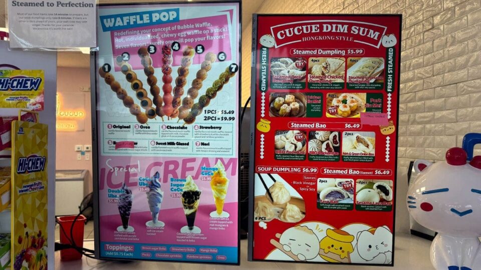 Boba CuCue dim sum, steamed bao buns, waffle pops, and drinks