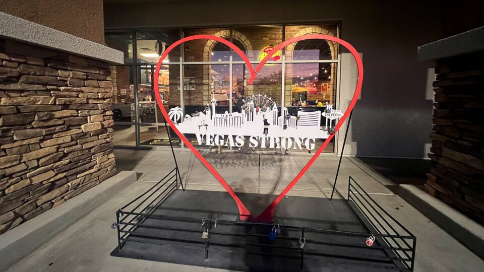 A Vegas Strong Memorial Statue Outside Big B's