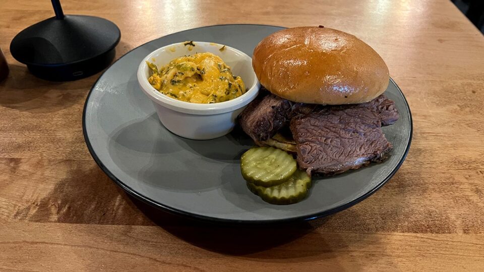Humo Barbecue Brisket Sandwich with Hatch Chili Mac and Cheese