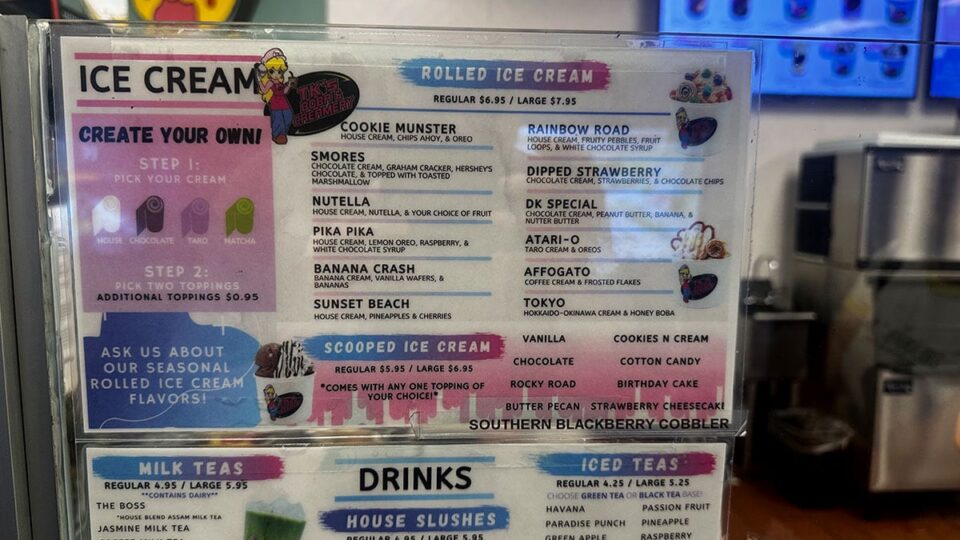 Ice Cream Menu at TK’s Boba and Creamery
