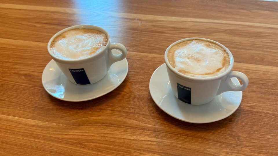 Two Hot Lavazza Lattes at Broken Yolk