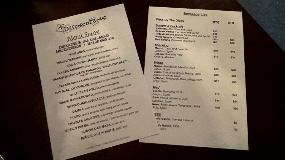 A Different Beast Menu Suave and Drinks Menu