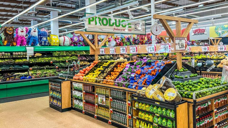 tropical produce and colorful pinatas inside Superior Grocers Las Vegas
