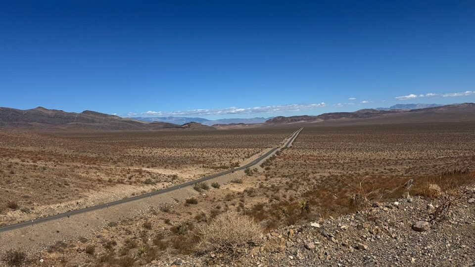A long desert road stretched on the way from las vegas to tecopa