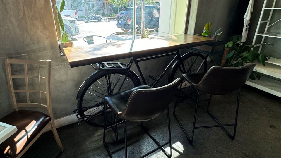 A unique bicycle bar table facing to the main street