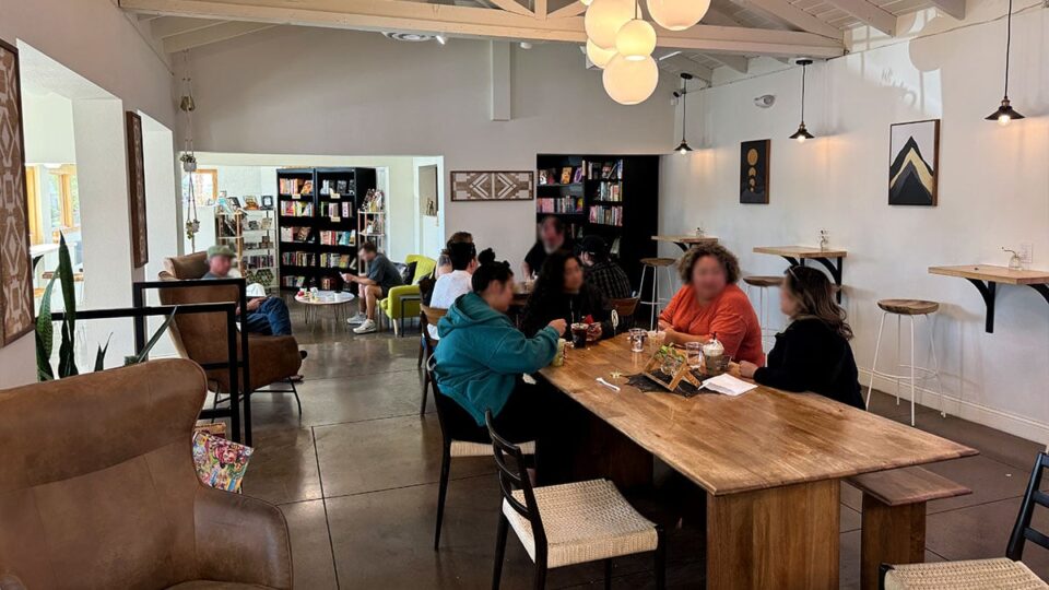 Family enjoying breakfast at Dam Roast House & Browder Bookstore in Boulder City.
