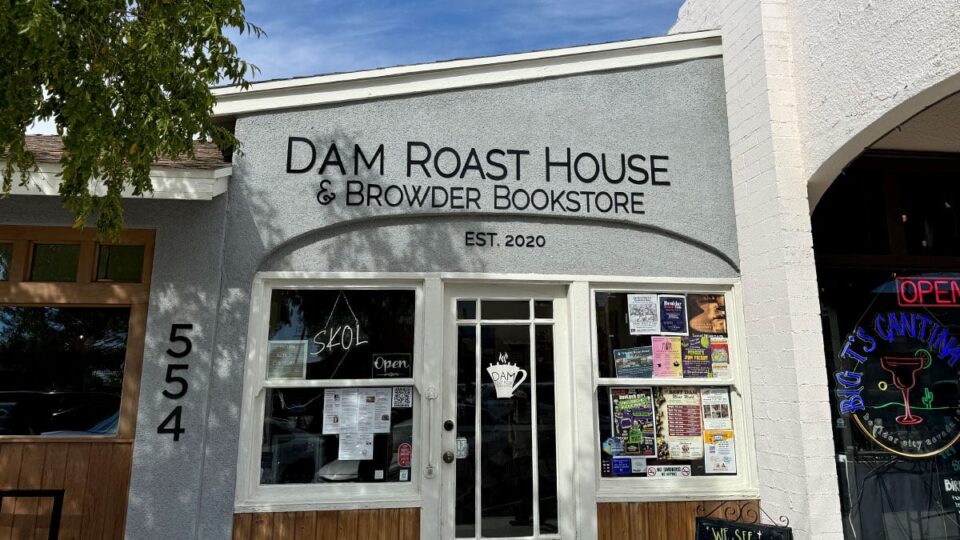 Exterior front view of Dam Roast House & Browder Bookstore in Boulder City, Nevada.
