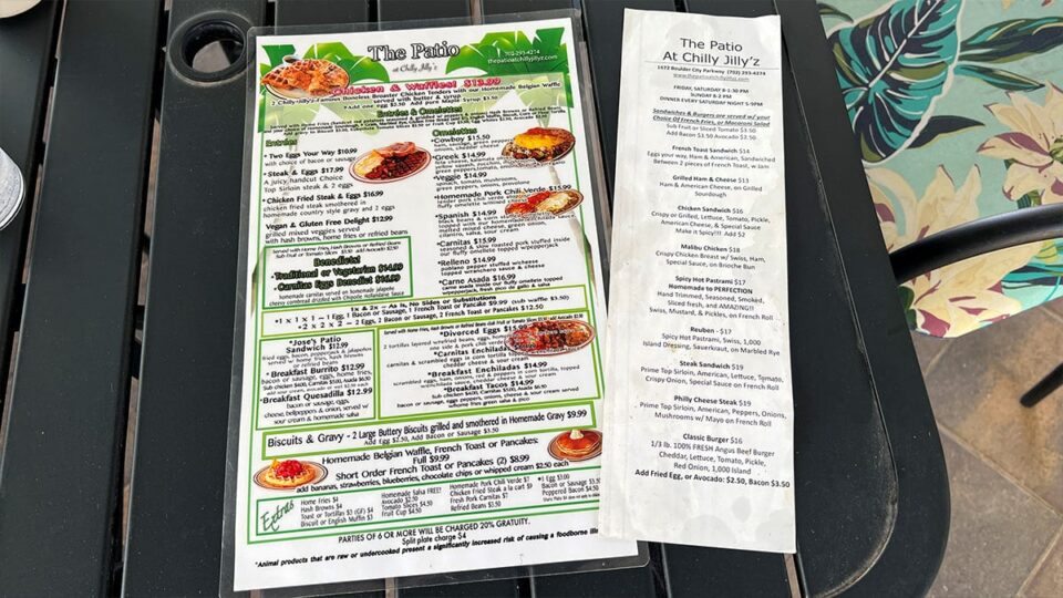 brunch menu at The Patio at Chilly Jilly’z Boulder City