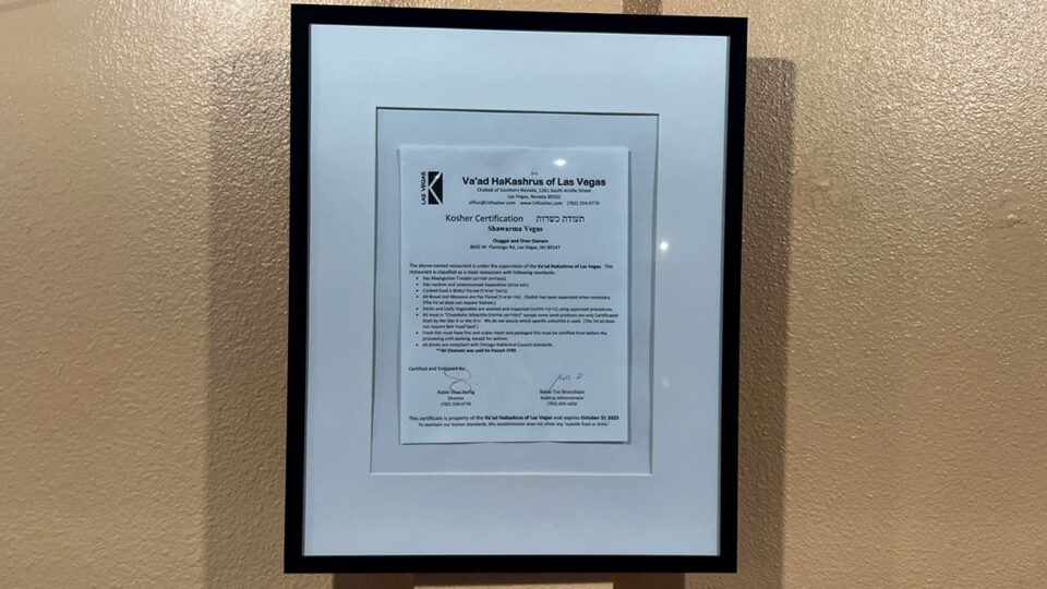 Glatt Kosher certificate hanging on the wall at Shawarma Vegas.