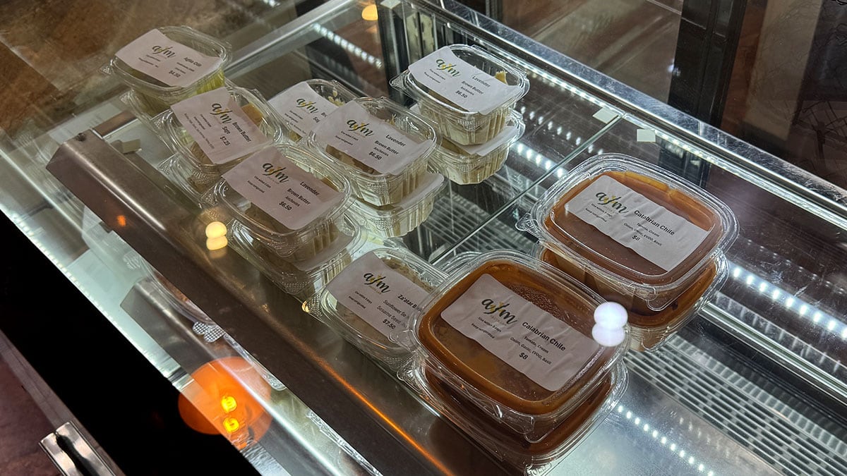 Display of homemade pasta sauces for sale at A&M Pasta Lab in Lake Las Vegas.