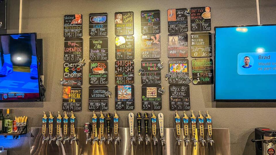 Tap handles and beer board at Mojave Brewing