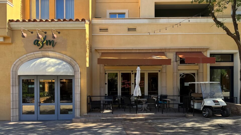 Outside seating area at A&M Pasta Lab overlooking Lake Las Vegas.