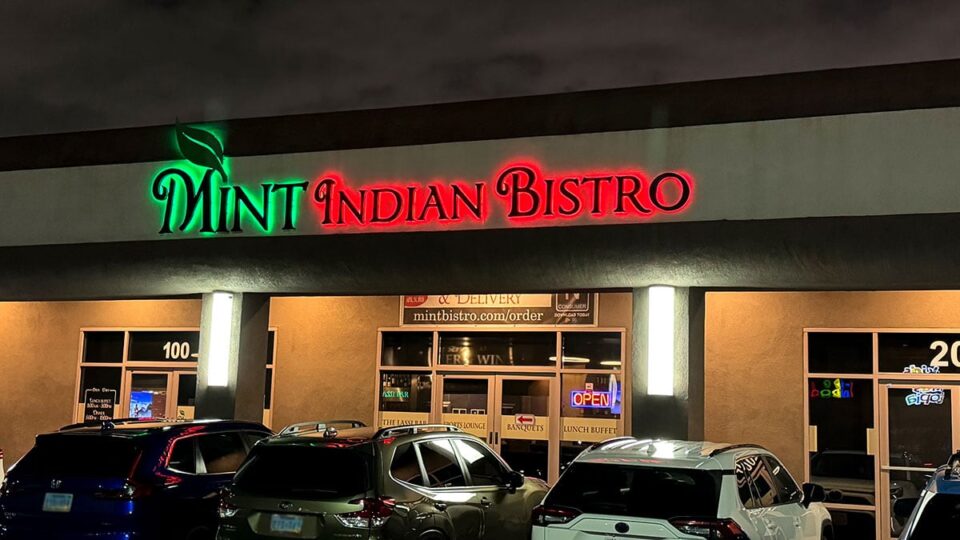 Outside view of Mint Indian Bistro entrance and storefront