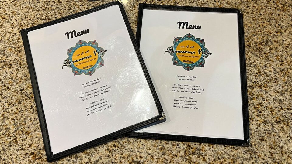 Shawarma Vegas menu displaying entrees and pricing.