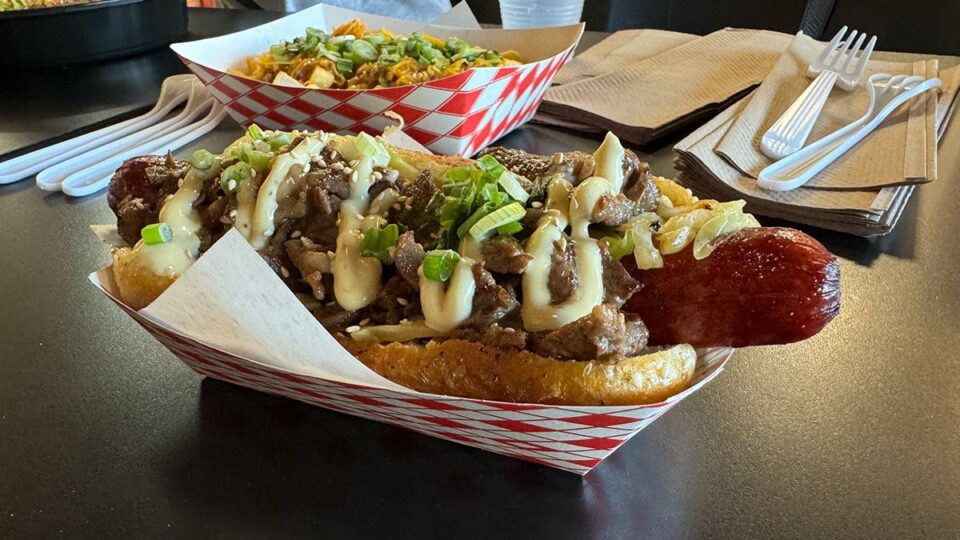 Original Bulgogi hot dog from Buldogis with beef bulgogi and slaw.
