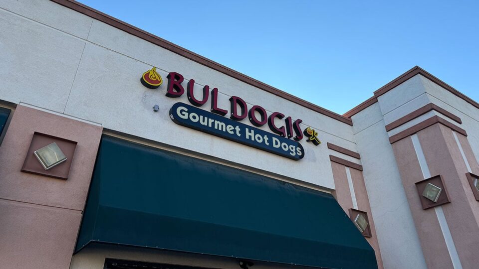 Storefront view of Buldogis Las Vegas located on Sahara and Fort Apache.