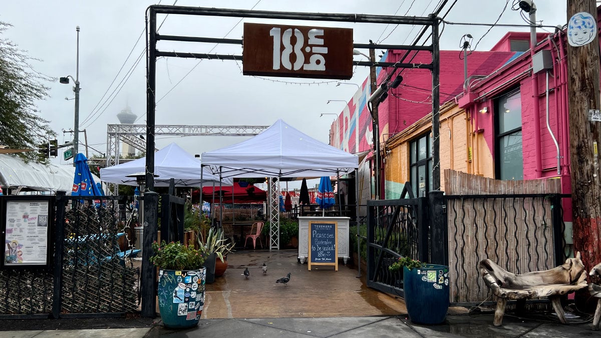 Entrance of 18bin in downtown Las Vegas, a popular bar and restaurant known for brunch and nightlife.