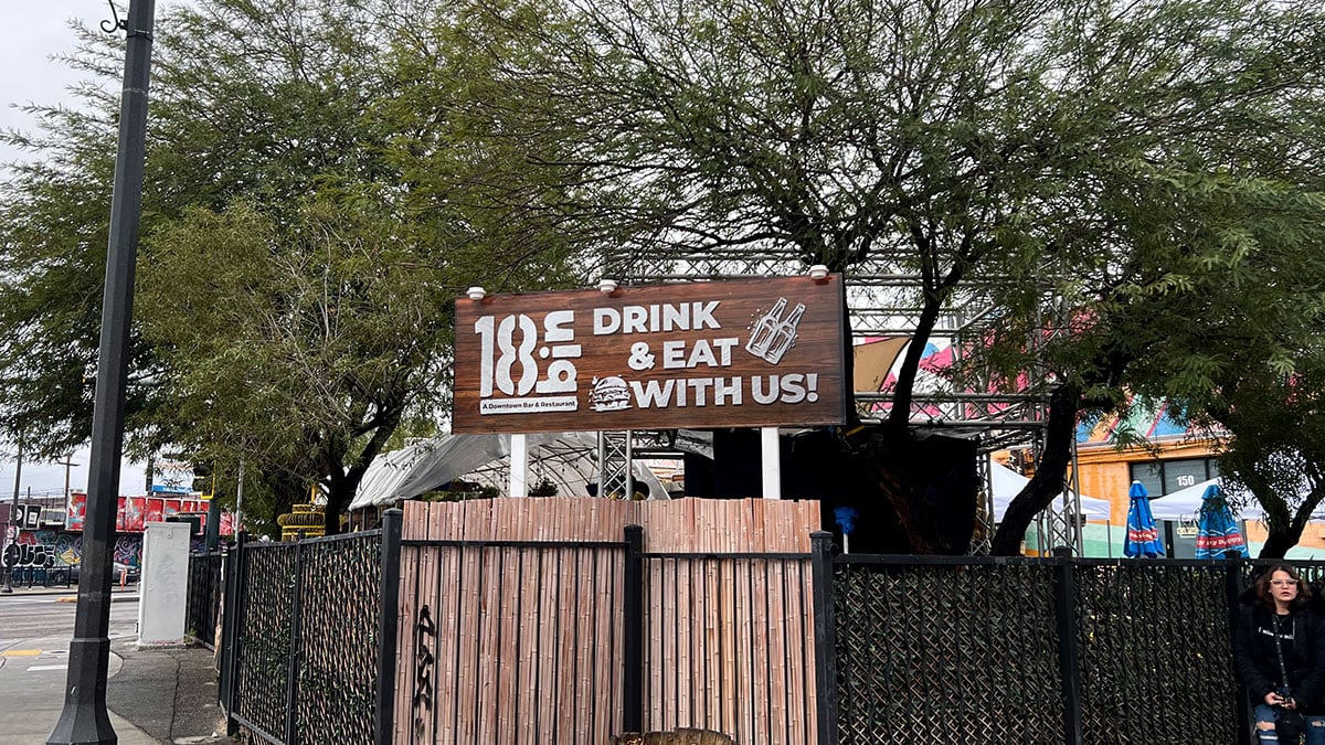 18bin sign in the Las Vegas Arts District, highlighting a well-known downtown bar and restaurant.