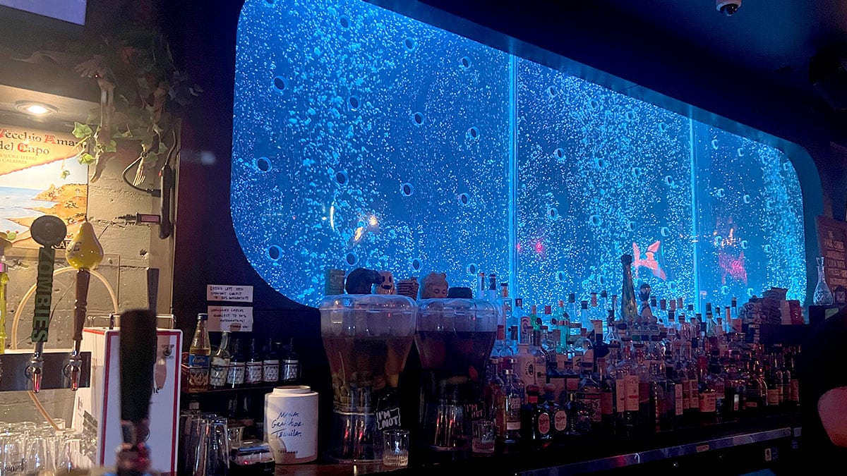 Bubble-style lighting illuminating the interior of Corduroy bar in downtown Las Vegas.