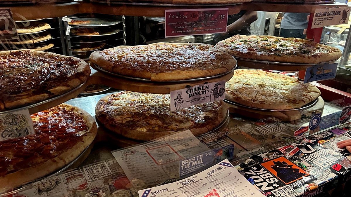 A pizza display case at Evel Pie on East Fremont Street in downtown Las Vegas.