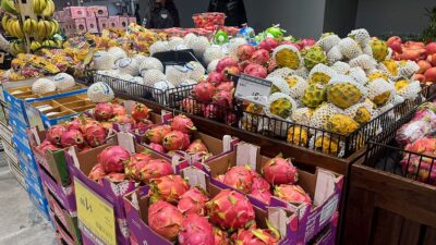 Fresh fruit display inside 99 Ranch Market featuring a wide selection of produce