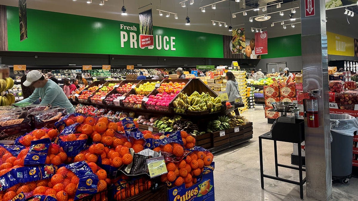 Fresh produce section inside 99 Ranch Market featuring fruits and vegetables