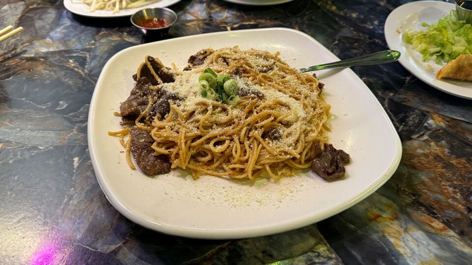 Garlic noodles with beef served at Sidestreet Pho & Grill in Las Vegas