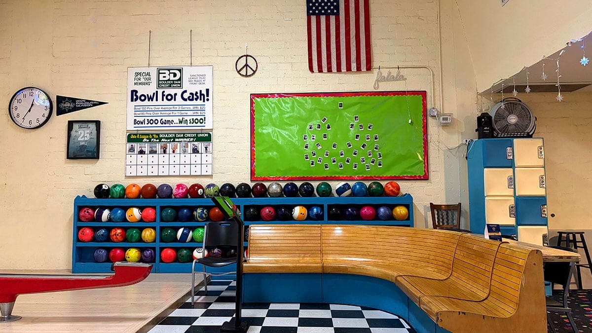 Interior view of Boulder Bowl showing the inside of the bowling alley.