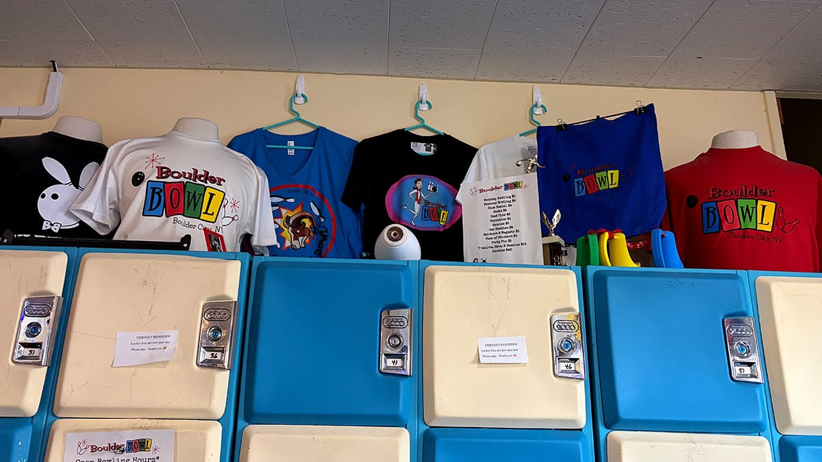 Lockers and Boulder Bowl T-shirts available for purchase inside the bowling alley.