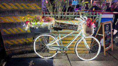 Entrance to Park on Fremont in downtown Las Vegas featuring eclectic decor and a playful, inviting design.